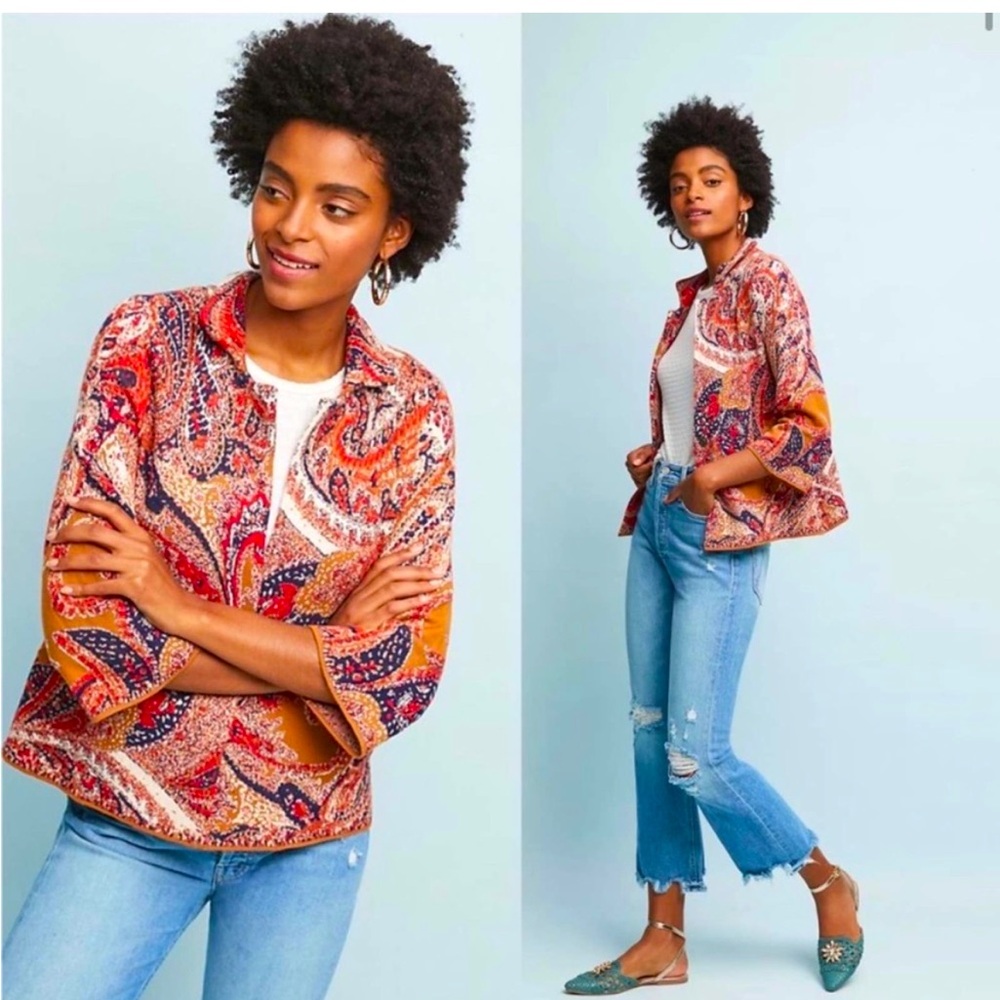 Anthropologie Moth gold navy red paisley knit sweater jacket
